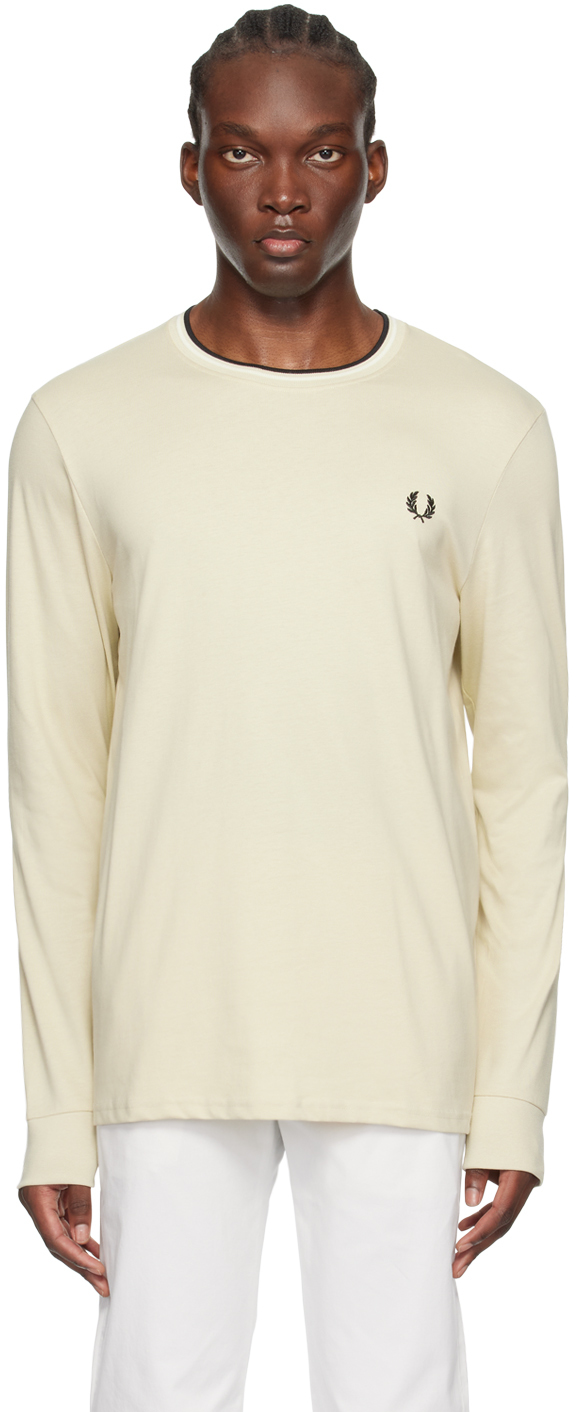Shop Fred Perry Beige Twin Tipped Long Sleeve T-shirt In U87
