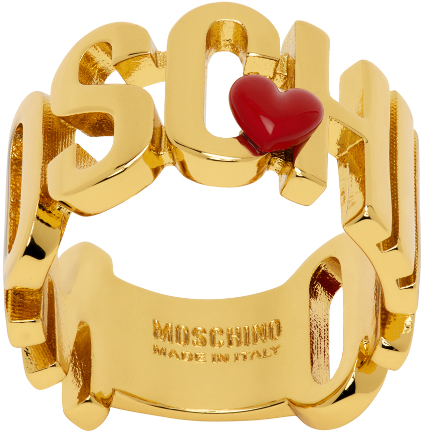 Shop Moschino Gold Heart Logo Ring In 1606 Multi Shiny Gol