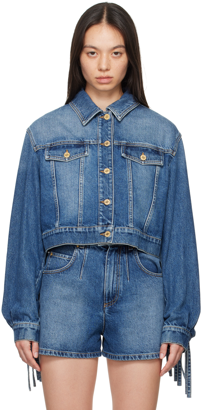 Shop Moschino Blue Fringed Denim Jacket In 0295 Blue