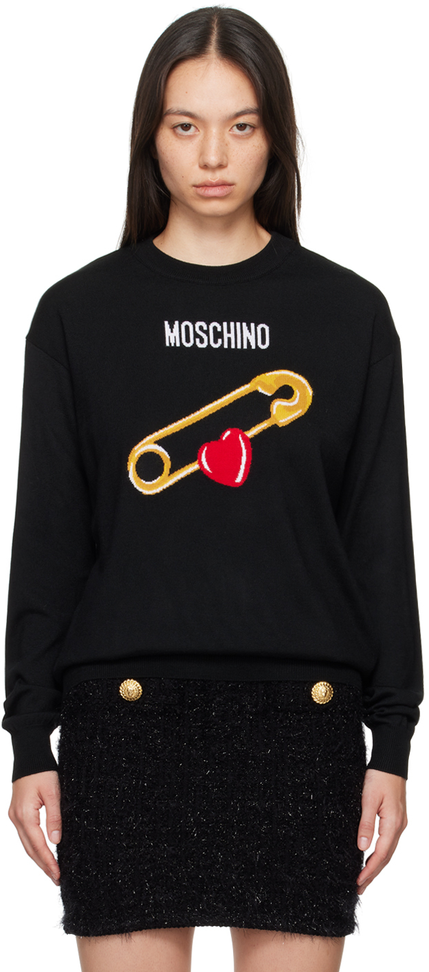 Shop Moschino Black Intarsia Heart Safety Pin Sweater In 3555 Multi Black