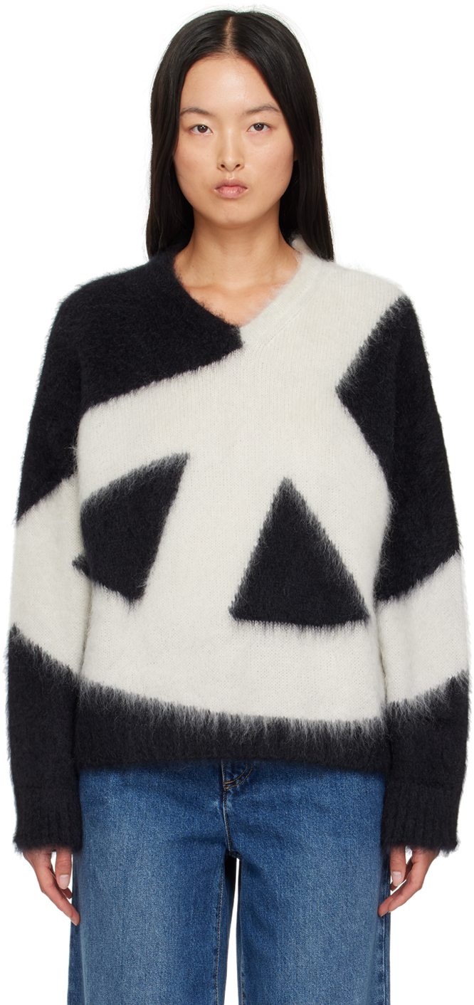 Shop Moschino Black & Off-white Brushed Mohair Peace Sweater In 1555 Multi Black