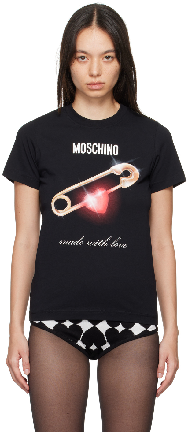 Shop Moschino Black Heart Safety Pin T-shirt In 1555 Multi Black