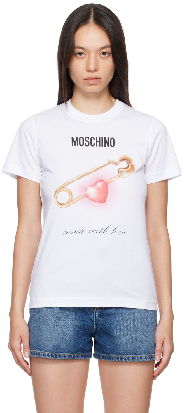 Shop Moschino White Heart Safety Pin T-shirt In 1001 Multi White