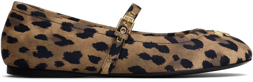 Shop Moschino Brown & Black Metal Logo Ballerina Flats In 300 Brown Leopard