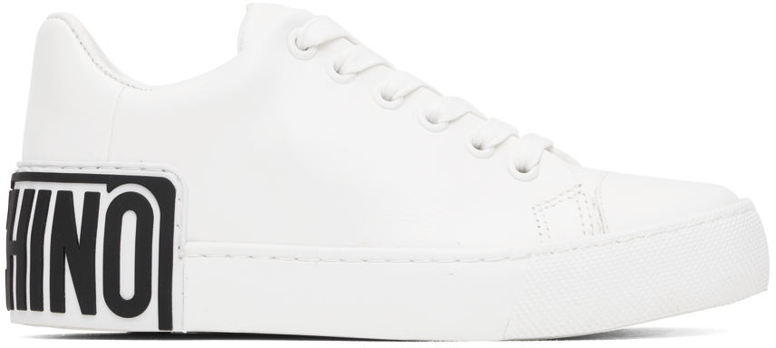 Shop Moschino White Maxi Logo Sneakers In 100 White Calf