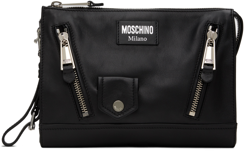 Shop Moschino ブラック カーフスキン Biker ポーチ In Black