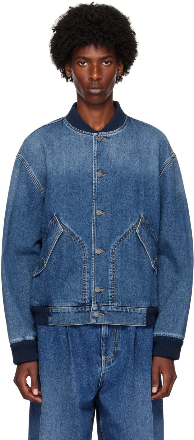 Blue Barcode Patch Denim Bomber Jacket by Moschino on Sale