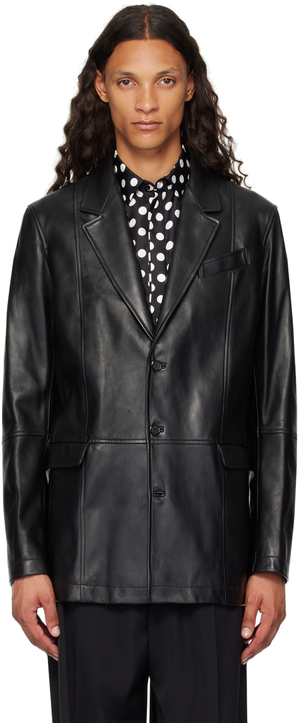 Black Notched Lapel Leather Jacket