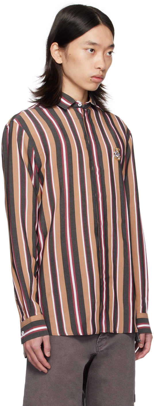 Moschino Brown Striped Teddy Patch Shirt In Multi Brown