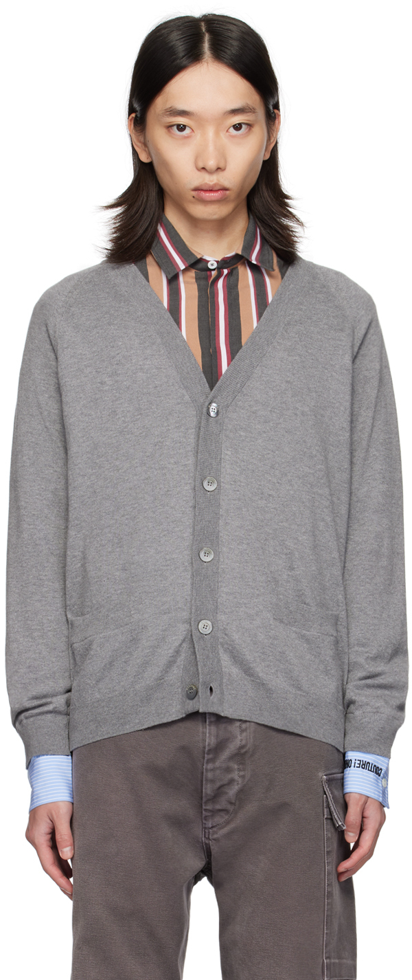 Shop Moschino Gray Upside Down Logo Cardigan In Grey