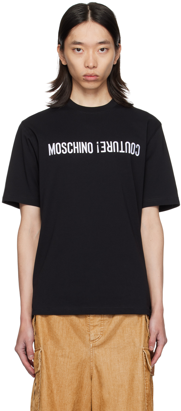 Shop Moschino Black Embroidered Upside Down Logo T-shirt In Multi Black