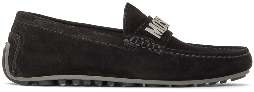 Shop Moschino Black Lettering Logo Driver Loafers