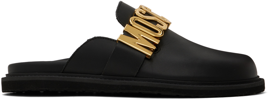 Shop Moschino Black Lettering Logo Calfskin Mules