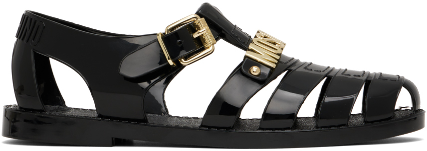 Shop Moschino Black Jelly Lettering Logo Sandals