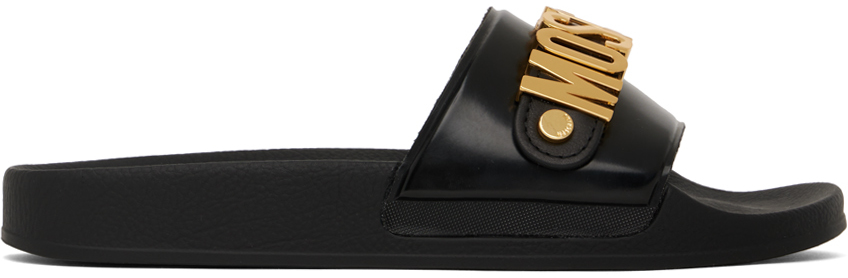 Shop Moschino Black Lettering Logo Pvc Pool Slides In Black/black