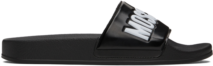 Shop Moschino Black Rubber Pool Slides In Black/white