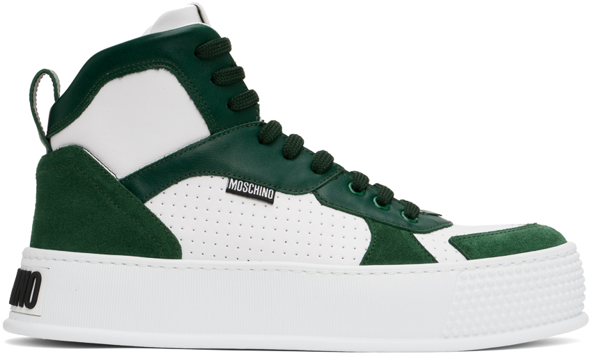 Shop Moschino White & Green Bumps & Stripes High-top Sneakers In White/green