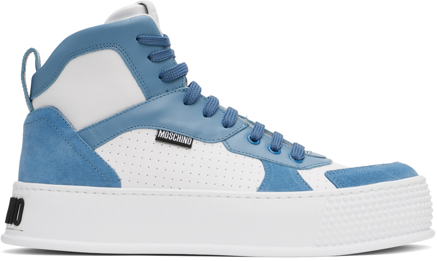 Shop Moschino White & Blue Bumps & Stripes High-top Sneakers In White/light Blue