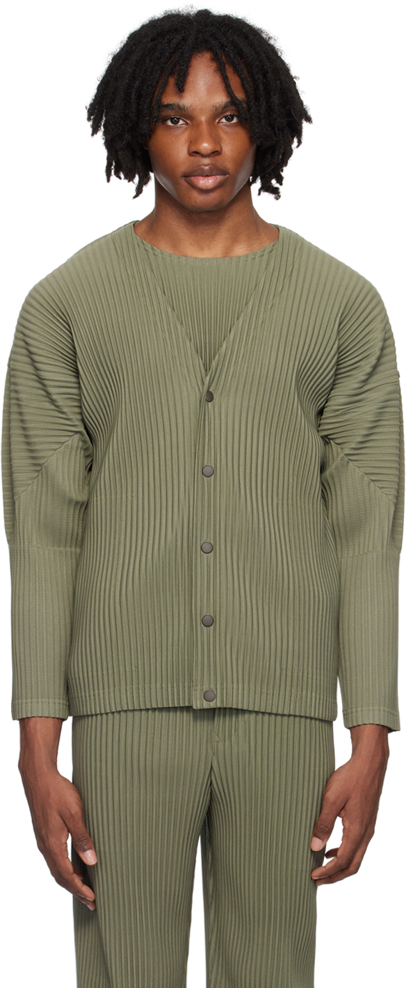 HOMME PLISSÉ ISSEY MIYAKE: Green Color Pleats Cardigan | SSENSE