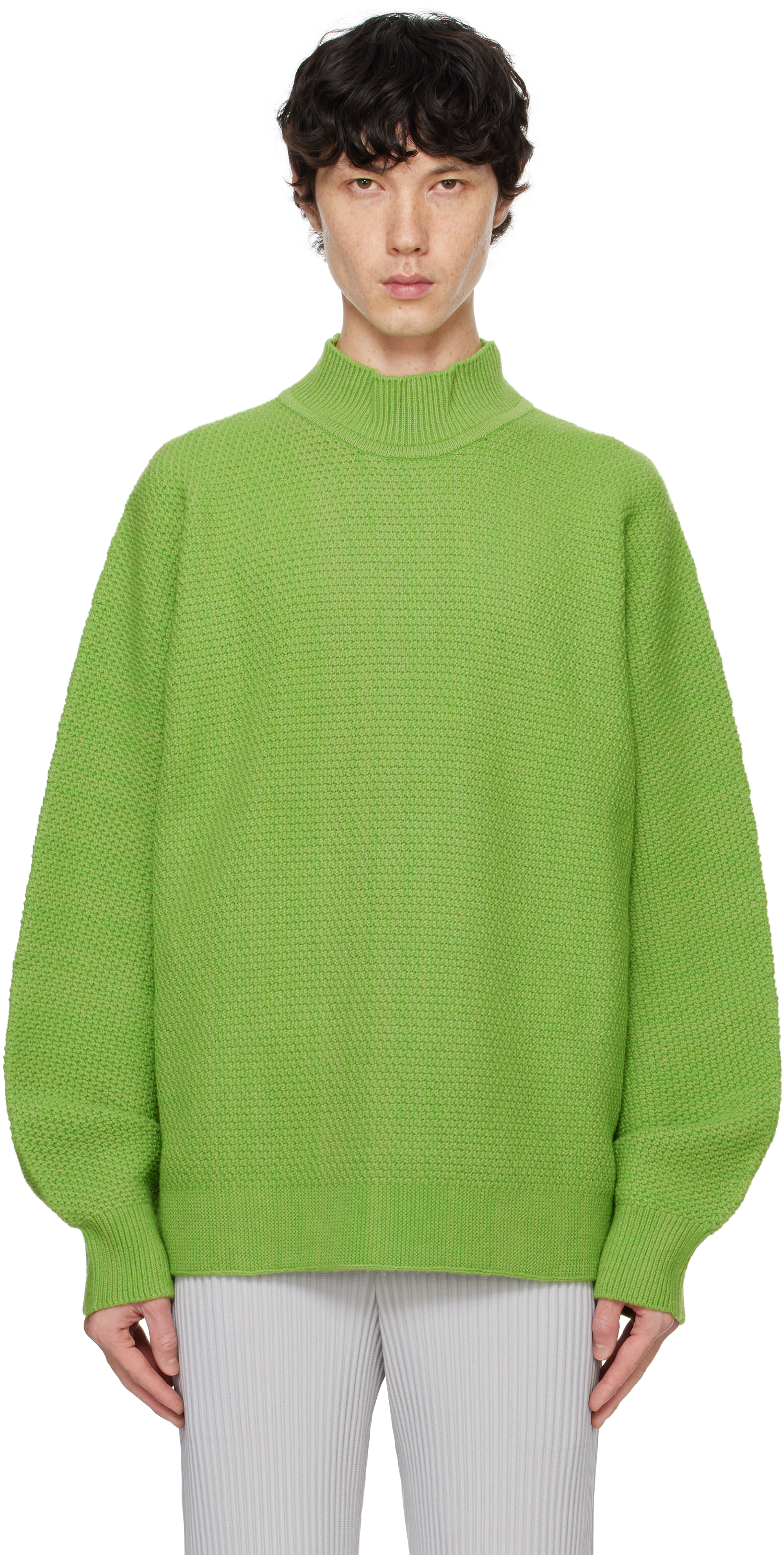 Issey Miyake Green Rustic Knit Turtleneck