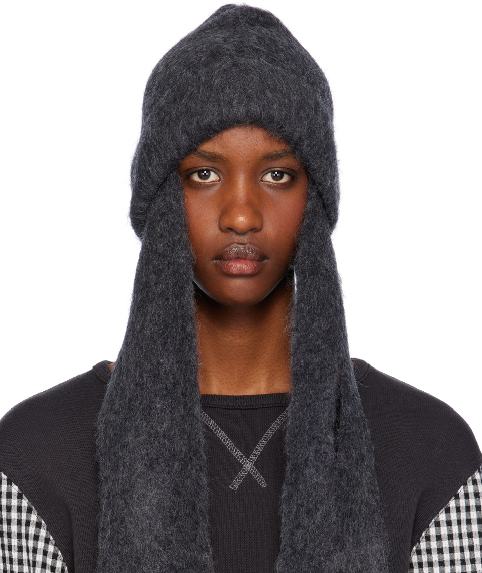 Gray Mohair Scarf Beanie by OPEN YY on Sale