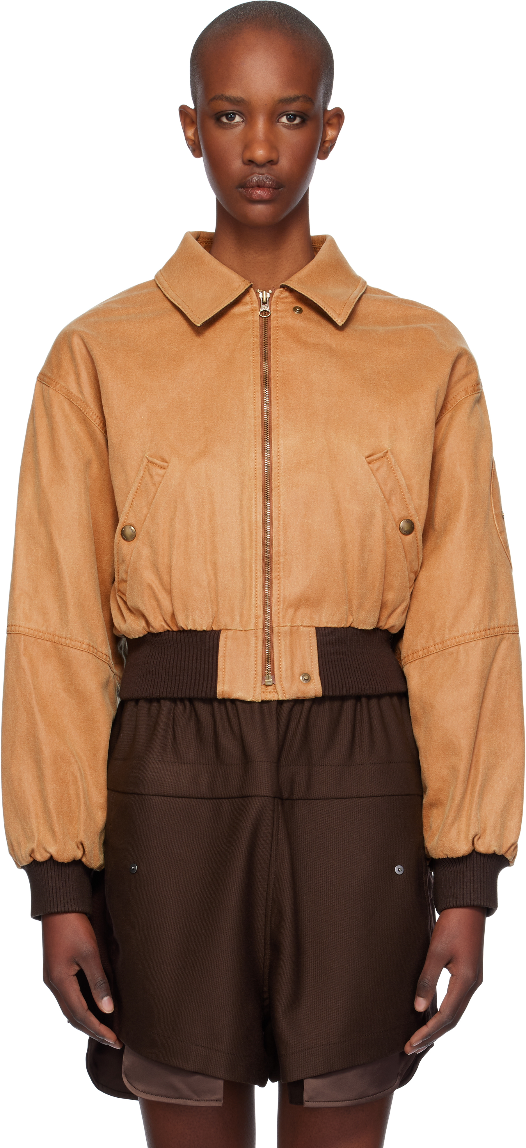 Tan Paper Like Crop Bomber Jacket by OPEN YY on Sale