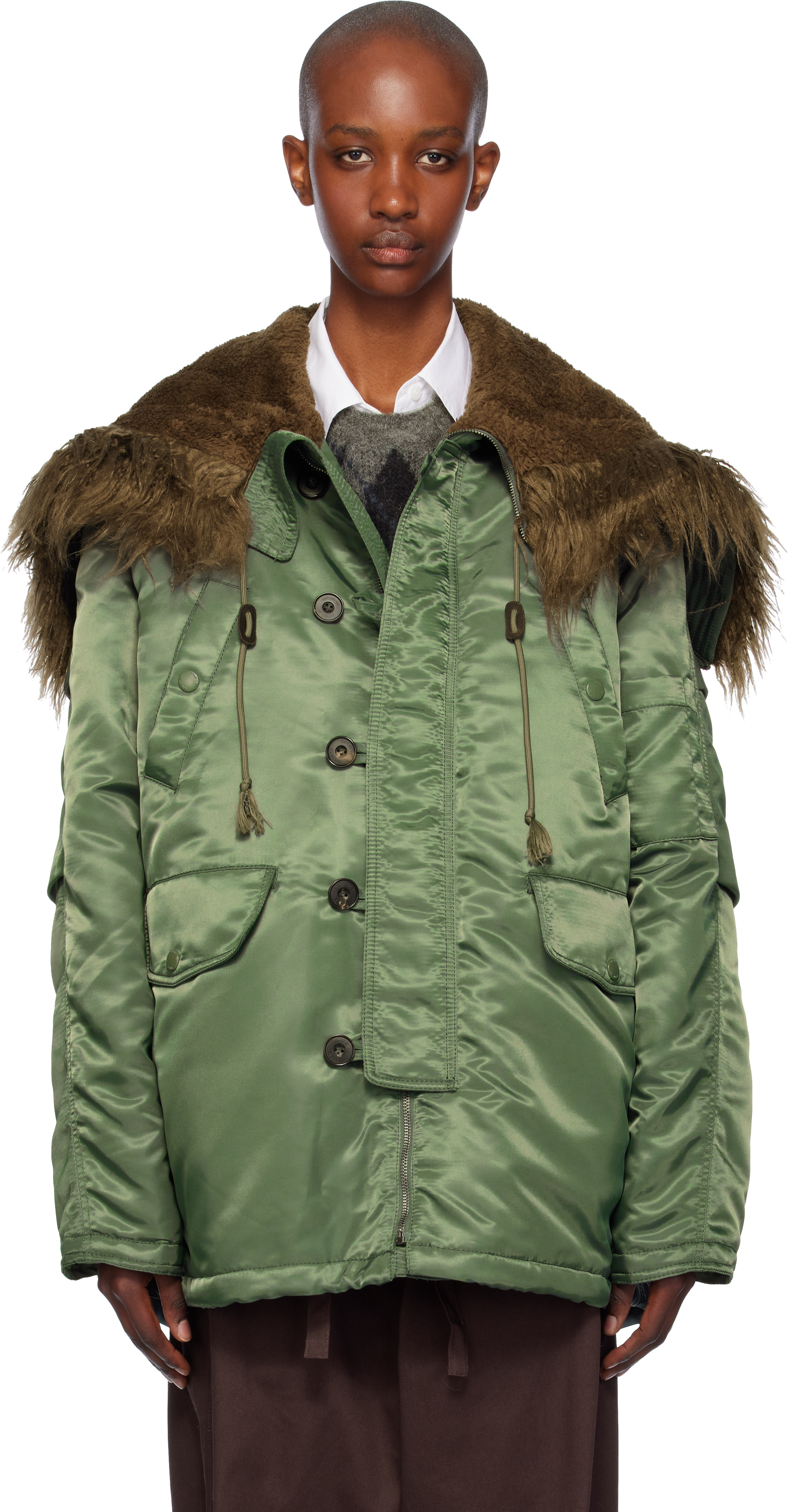 Green Oversized Faux-Fur Hood Puffer Jacket