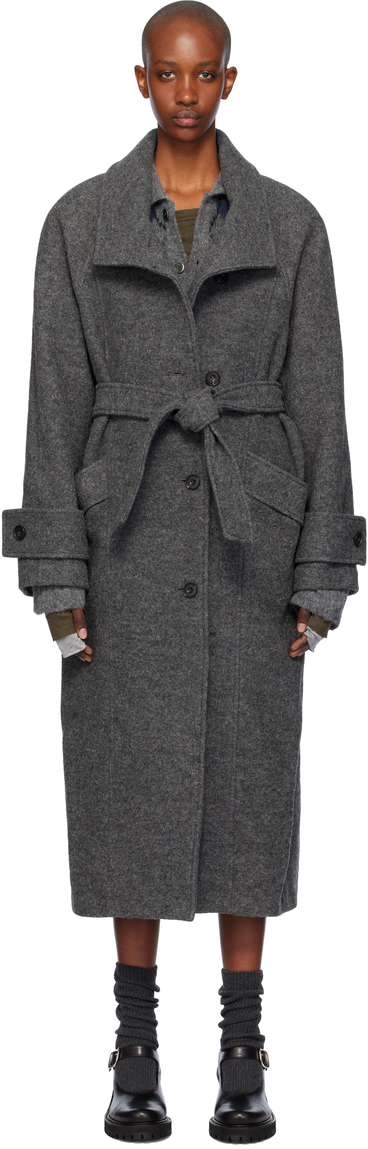 Shop Open Yy Gray Wool High-neck Cocoon Coat In Grey