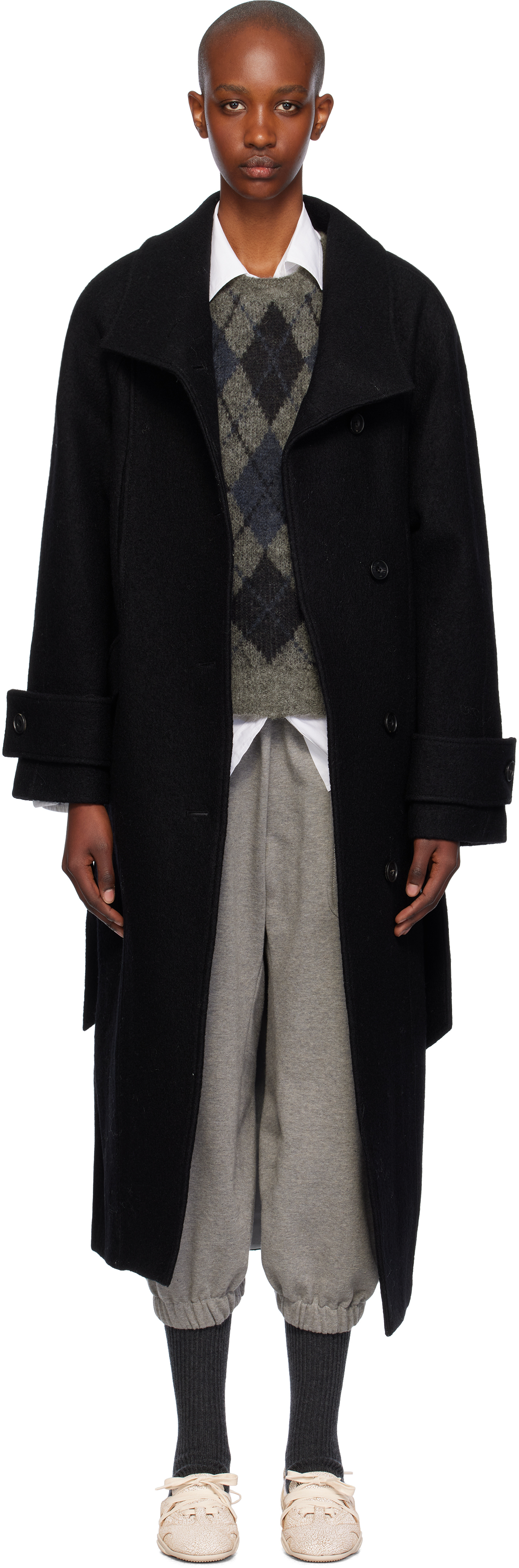 Black Wool High-Neck Cocoon Coat