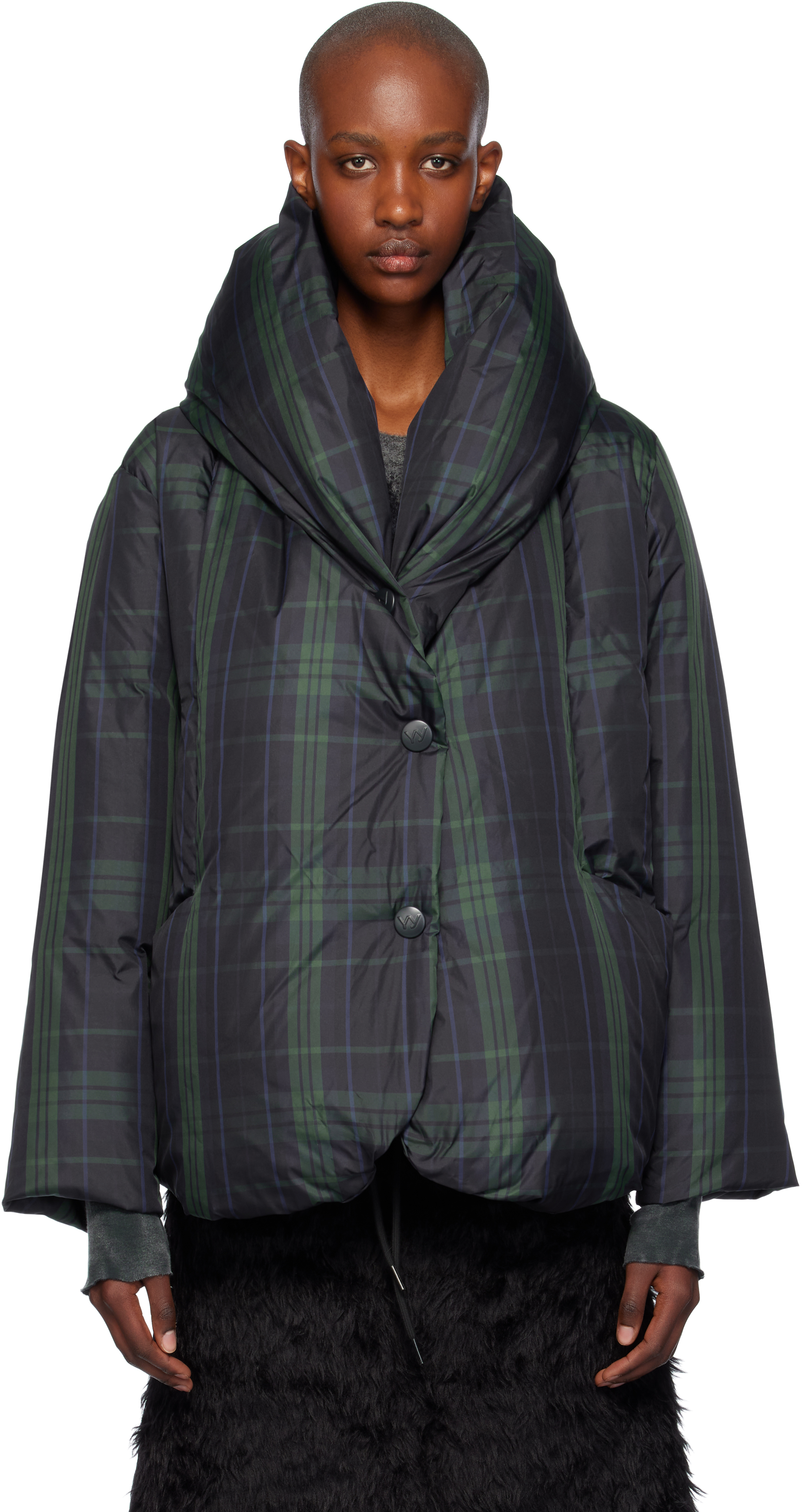 Shop Open Yy Green Tartan Blanket Puffer Down Jacket