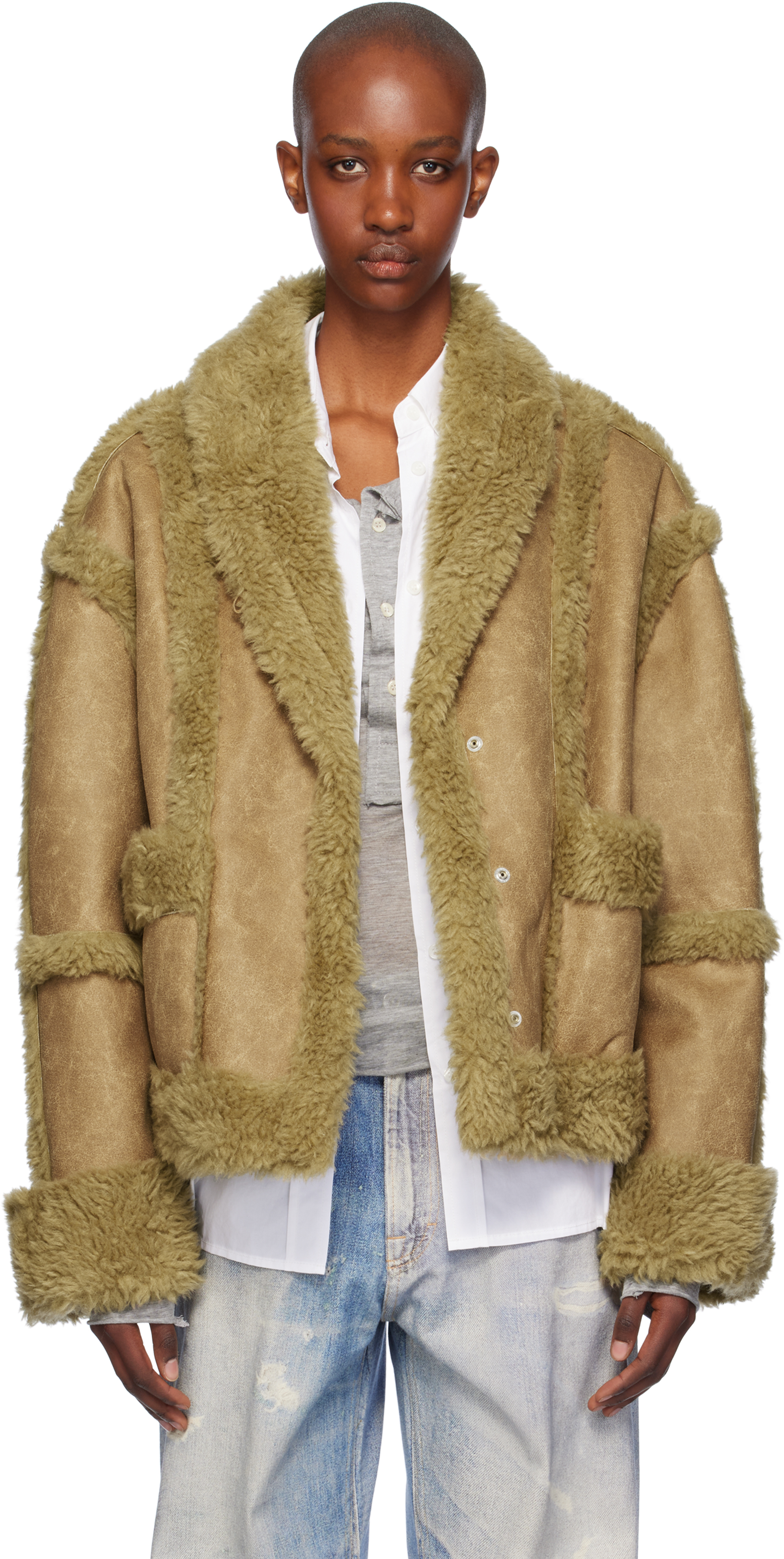 Shop Open Yy Tan Paneled Faux-shearling Jacket In Brown