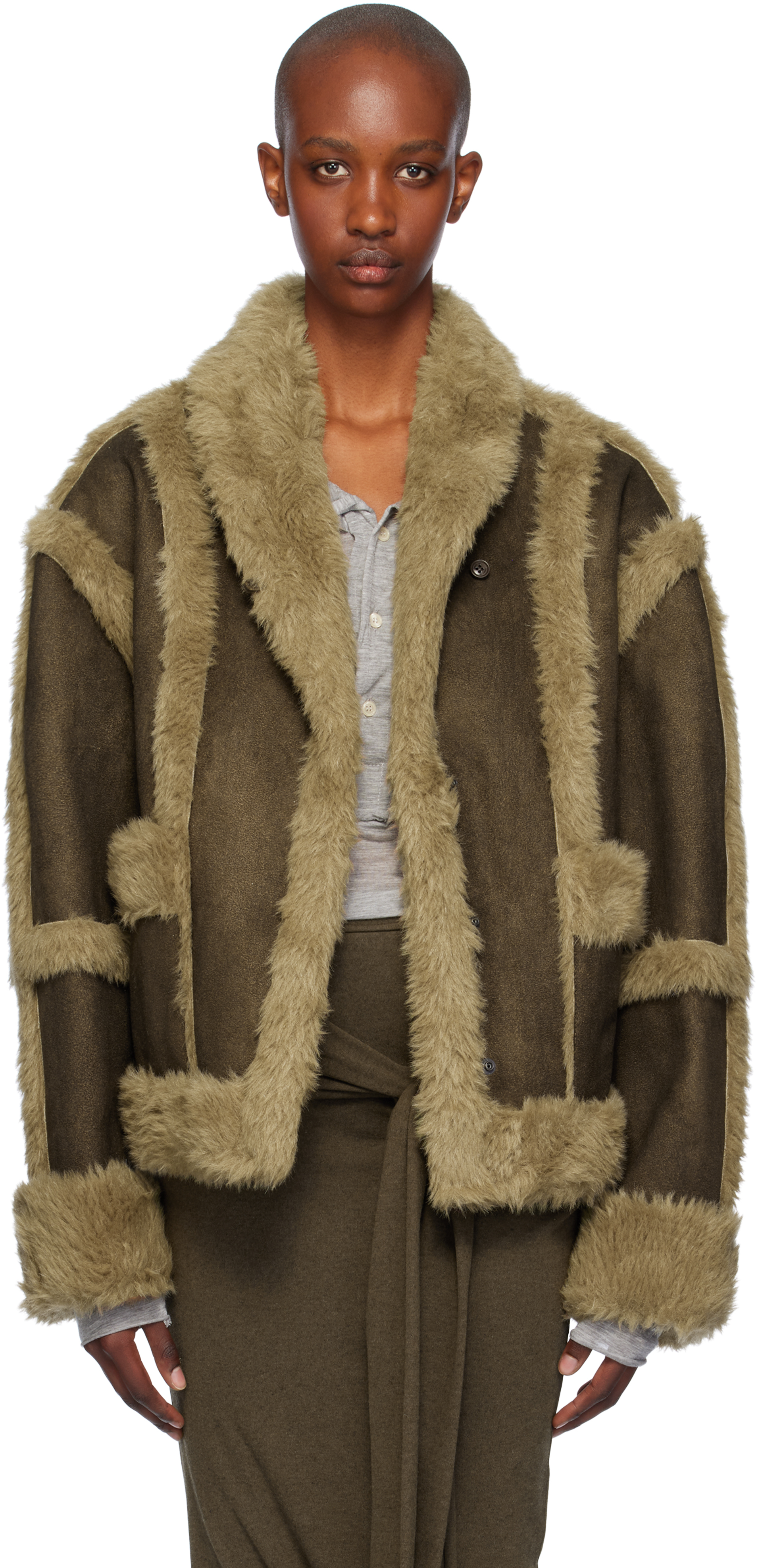 Shop Open Yy Brown Paneled Faux-shearling Jacket