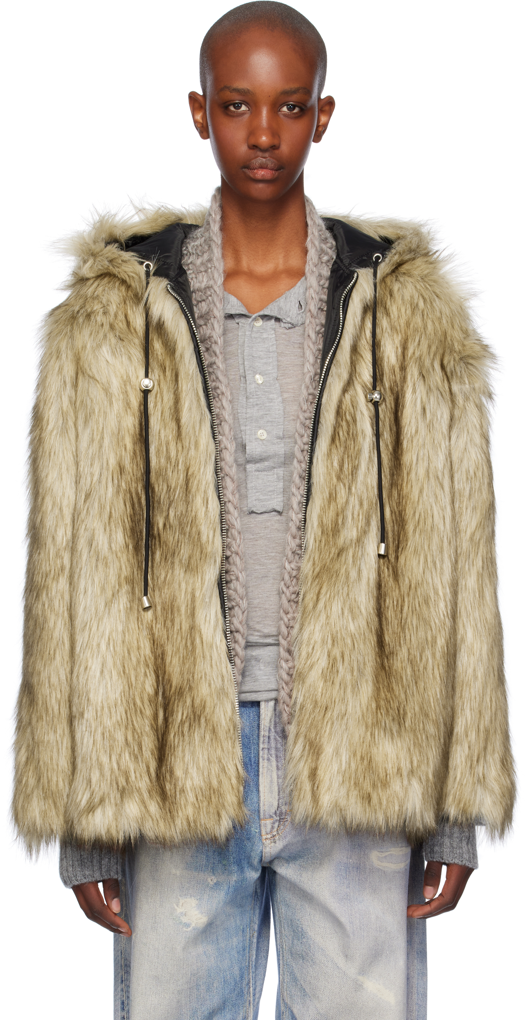 Shop Open Yy Beige Reversible Hood Faux-fur Jacket