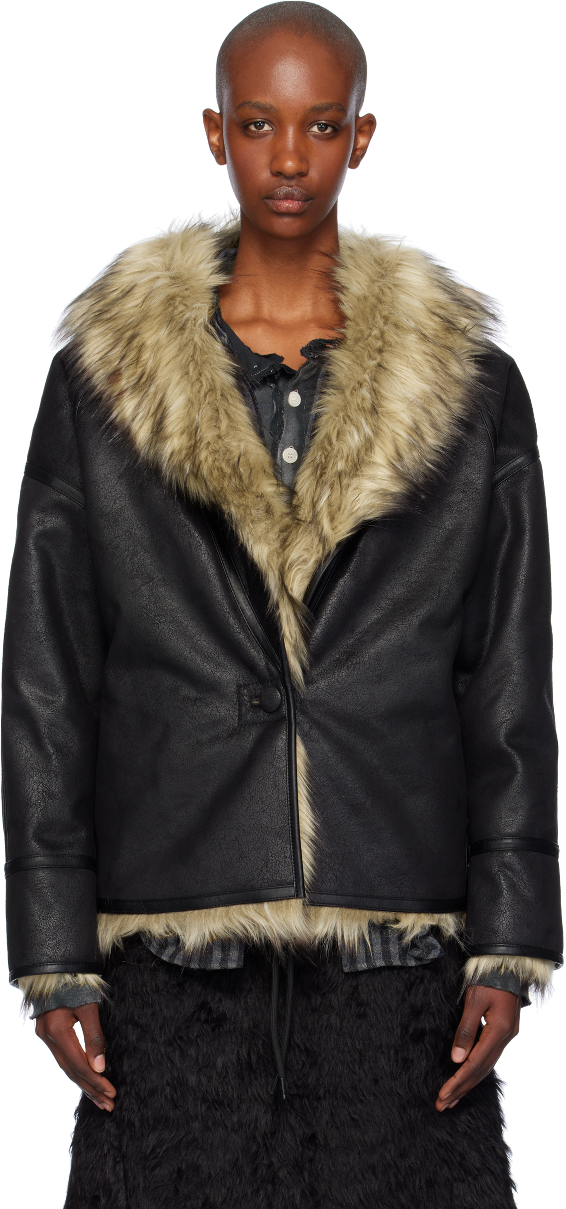 Shop Open Yy Beige & Black Reversible Faux-fur Jacket