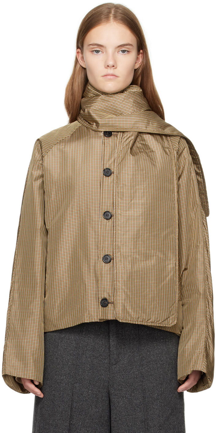 Brown Checkered Insulated Scarf Jacket