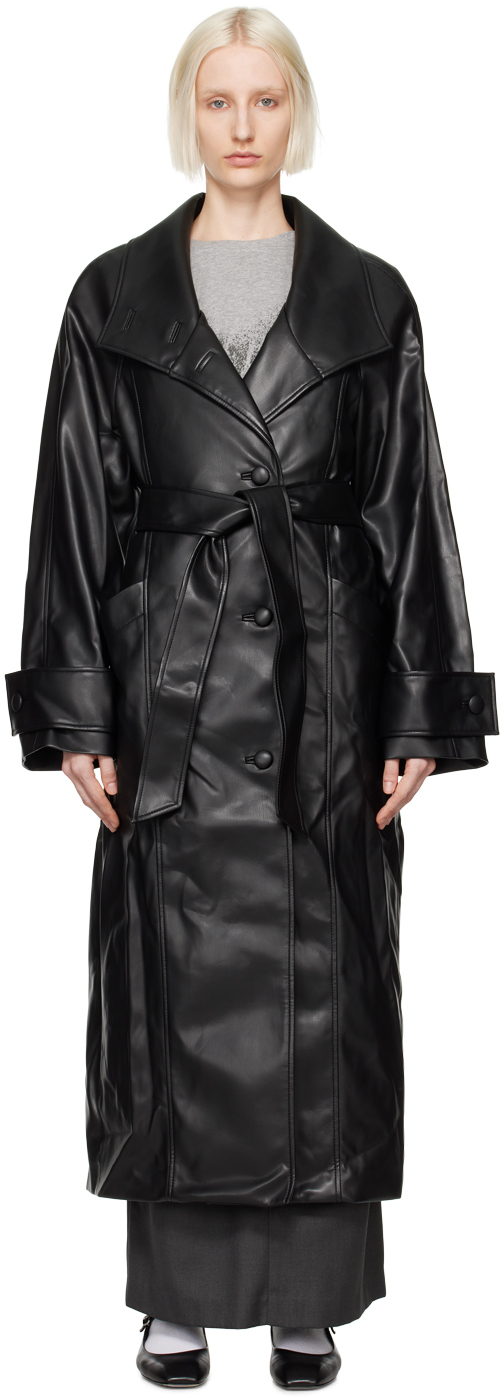 コート [OPEN YY] FAUX LEATHER HIGH-NECK COLLAR COAT : BLACK Black High Neck Collar Faux-Leather Trench Coat by OPEN YY
