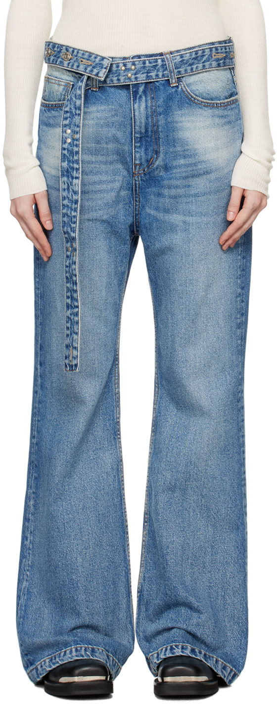 Shop Open Yy Blue Belted Loose Bootcut Jeans