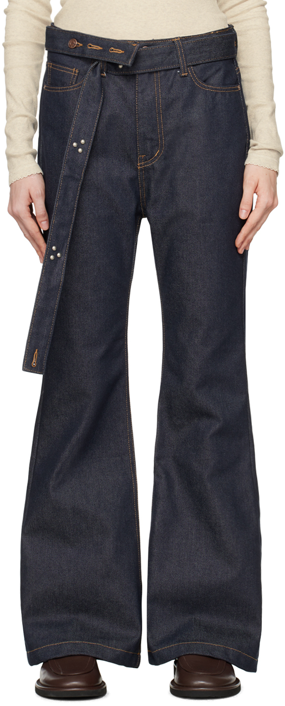 Shop Open Yy Navy Belted Loose Bootcut Jeans In Indigo