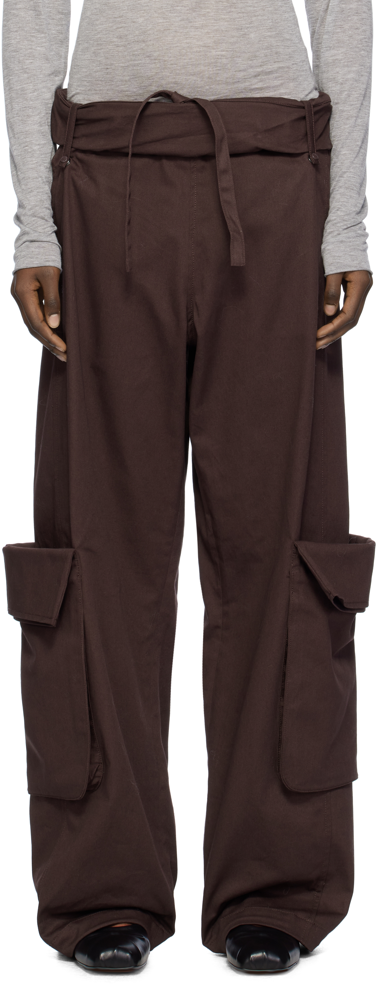 Shop Open Yy Brown Rolled Waist Cargo Pants In Burgundy