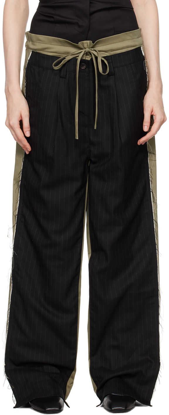 Shop Open Yy Khaki & Black Front Stripe Layered Trousers