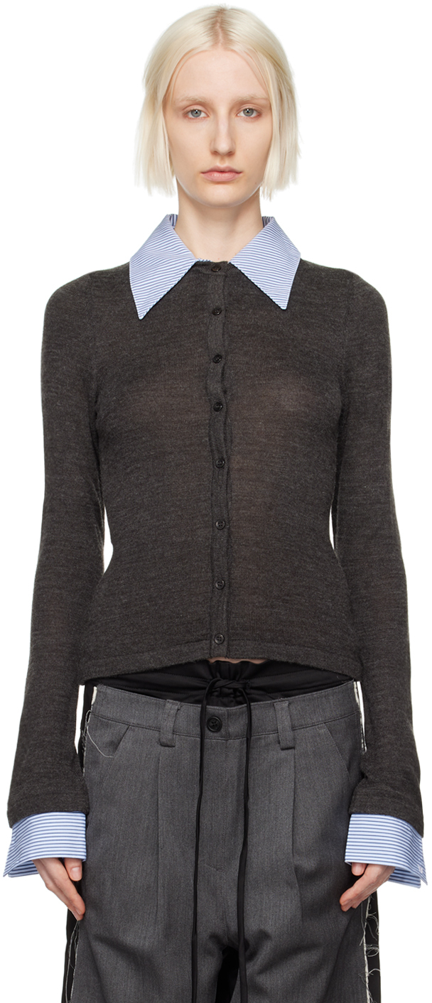 Shop Open Yy Gray Cotton Collar Cuffs Cardigan In Charcoal