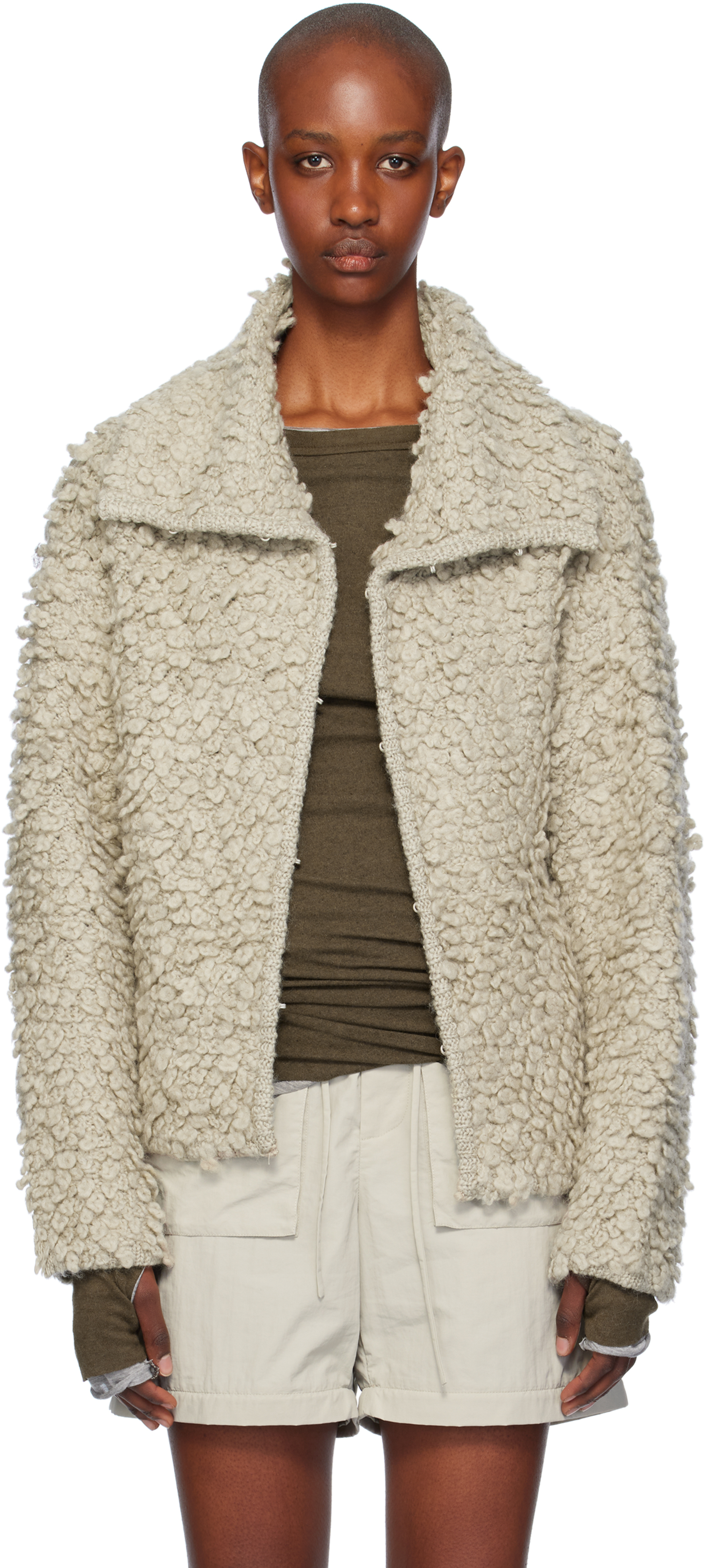 Shop Open Yy Beige Loopy Knit Cardigan In Khaki Beige