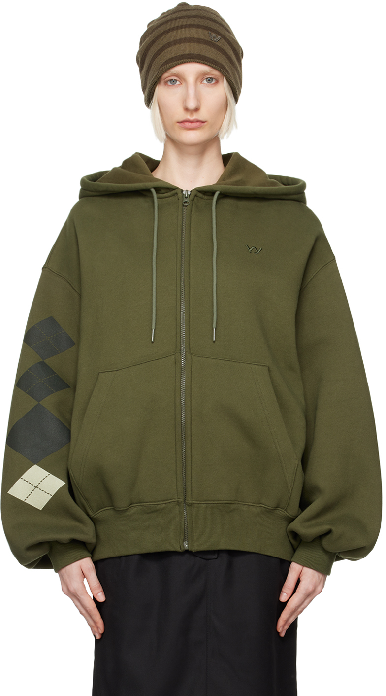 Shop Open Yy Green Argyle Box Hoodie In Khaki