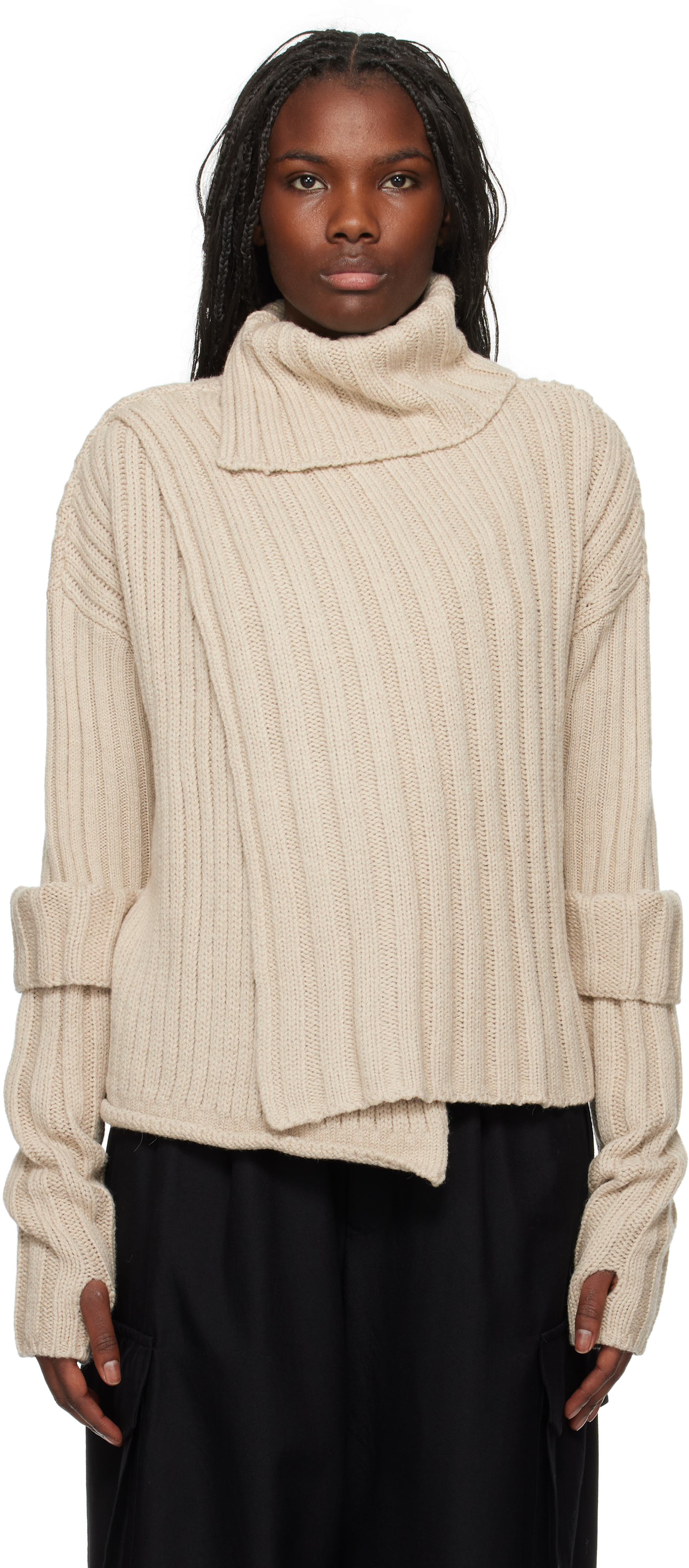 Beige Rib Finger Hole Turtleneck