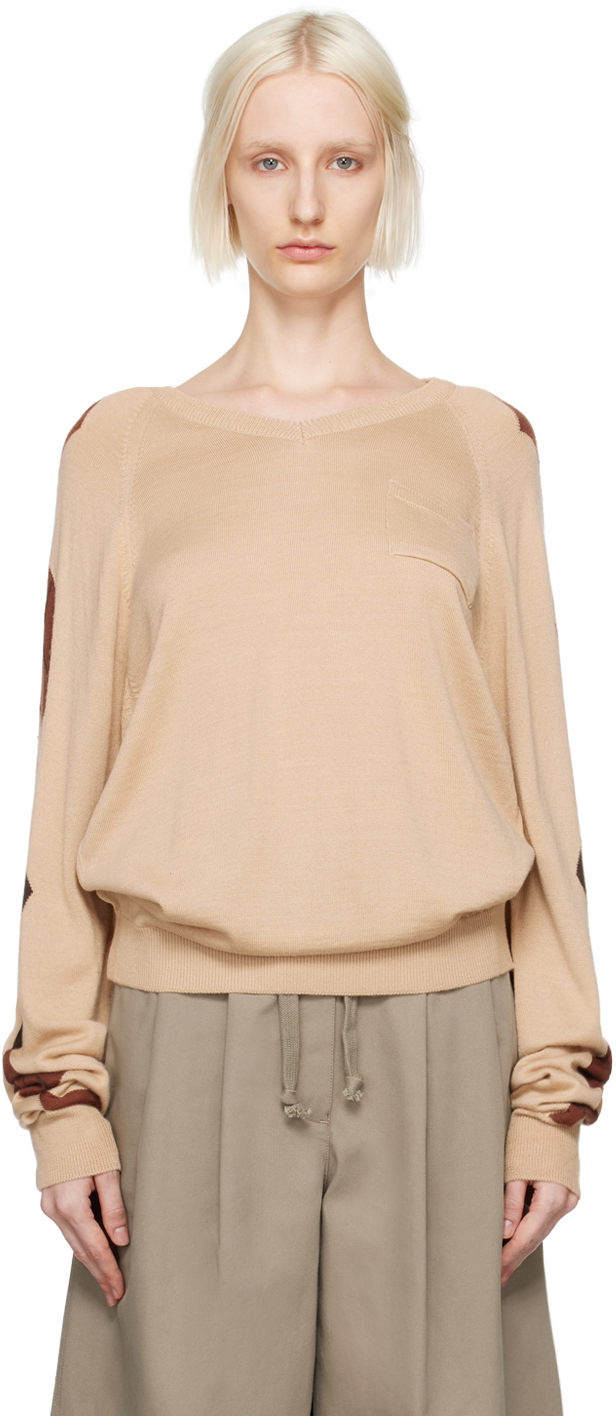 Shop Open Yy Beige Argyle V-neck Sweater