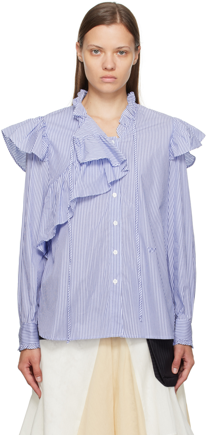 Blue Unbalanced Stripe Ruffle Shirt by OPEN YY on Sale