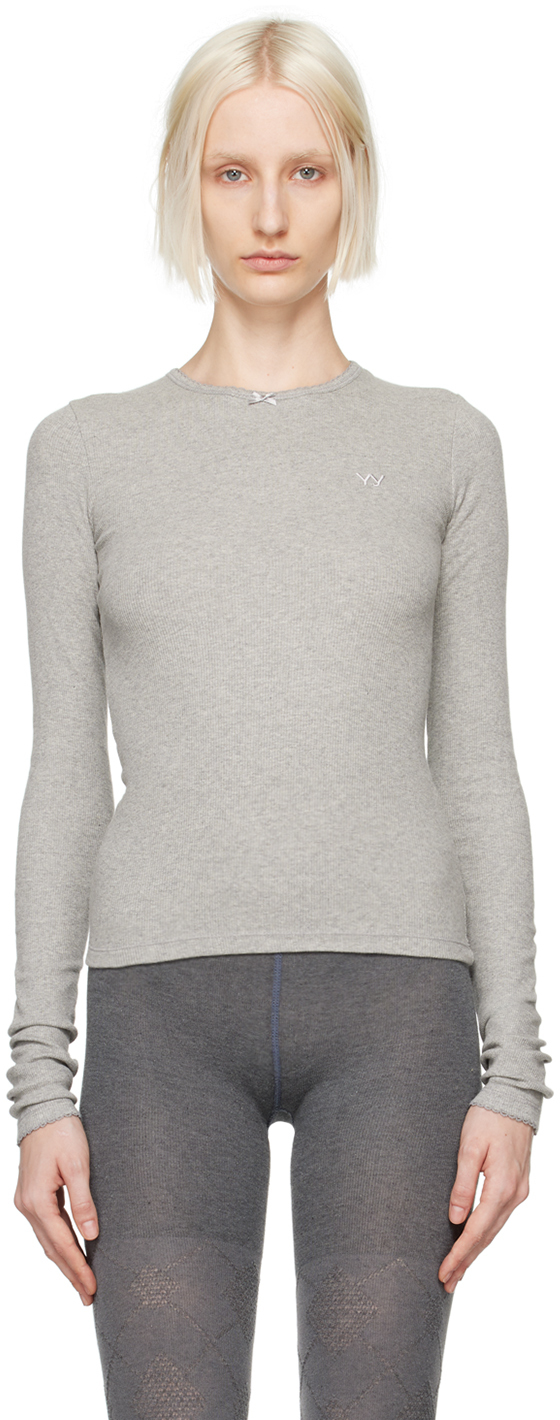 Shop Open Yy Gray Picot Trim Fitted Long Sleeve T-shirt In Grey