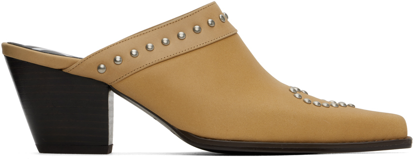 Open Yy Beige Heart Stud Western Mules In Ecru