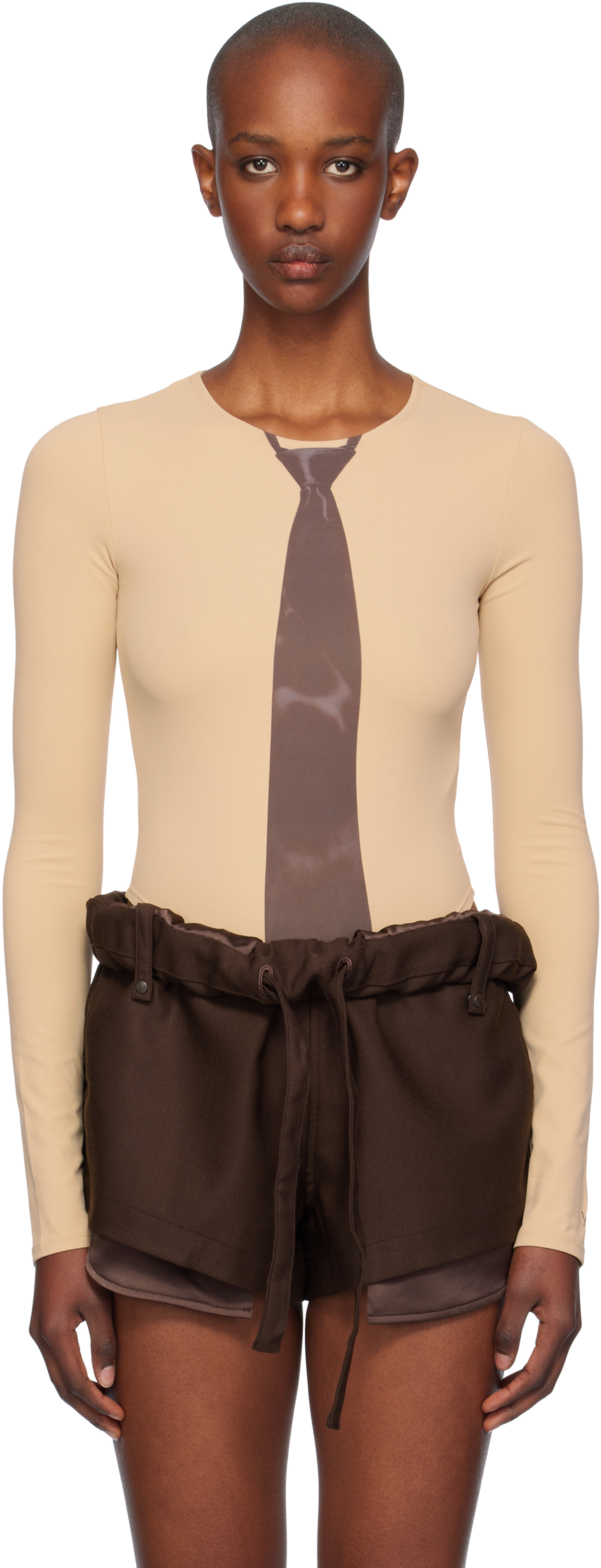 Shop Open Yy Tan Necktie Bodysuit In Beige