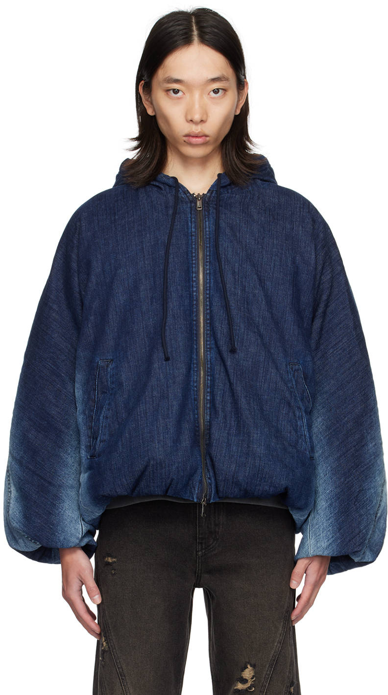 Navy Hooded Denim Puffer Jacket